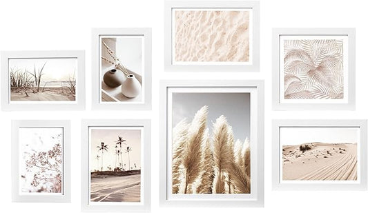 ArtbyHannah Gallery Wall Frame Set, 8 Pack Picture Frames Collage Wall Art Decor with Neutral Pampas Grass for Bedroom, Assorted Size Including 8"x10", 5"x7", 4"x6", 6"x6"(White Frame,Small)