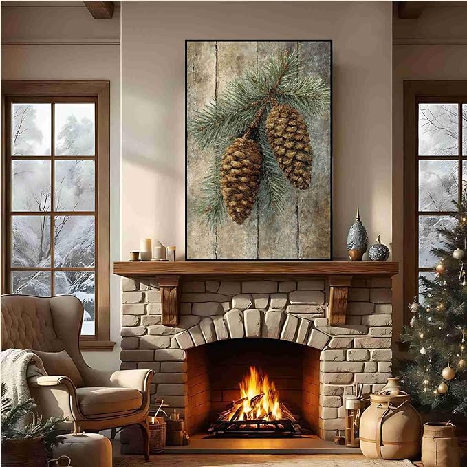 Vintage Christmas Canvas Painting Botanical Wall Art Nature Print Forest Decor Rustic Woodland Poste Holiday Evergreen Art Country Landscape Indoor Decor for Office Living Room Framed Ready to Hang