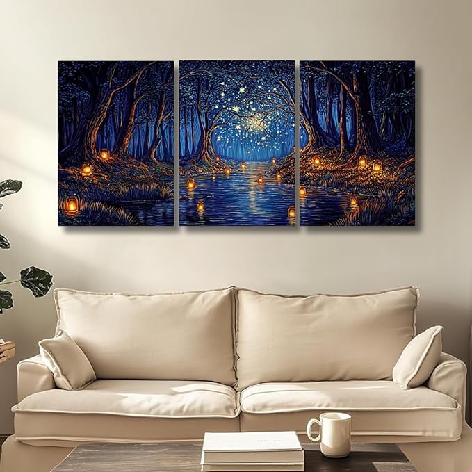 Oxzcimty Van Gogh Wall Art, Noche Estrellada De Van Gogh, Starry Night Canvas Wall Art for Bathroom, Living Room, Office, Bedroom (24" x 36" x 3 pcs)