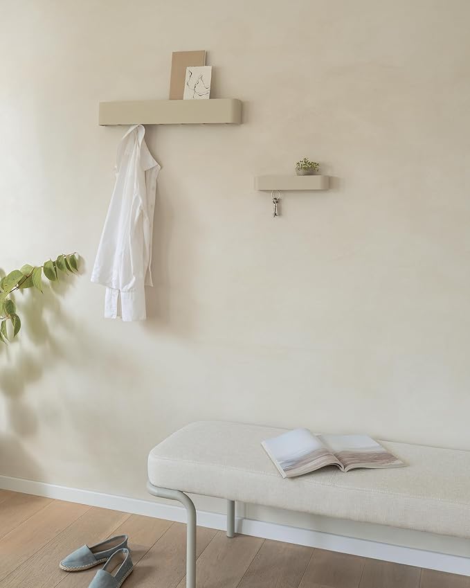 Kazai.®️ Coat Rack Wall Mount with Shelf 'Tone' | Modern Design Coat Hanger with Hidden Hooks and Storage | Hat Rack with Shelf in Metal | Wall-Mounted Purse Organizer | Taupe
