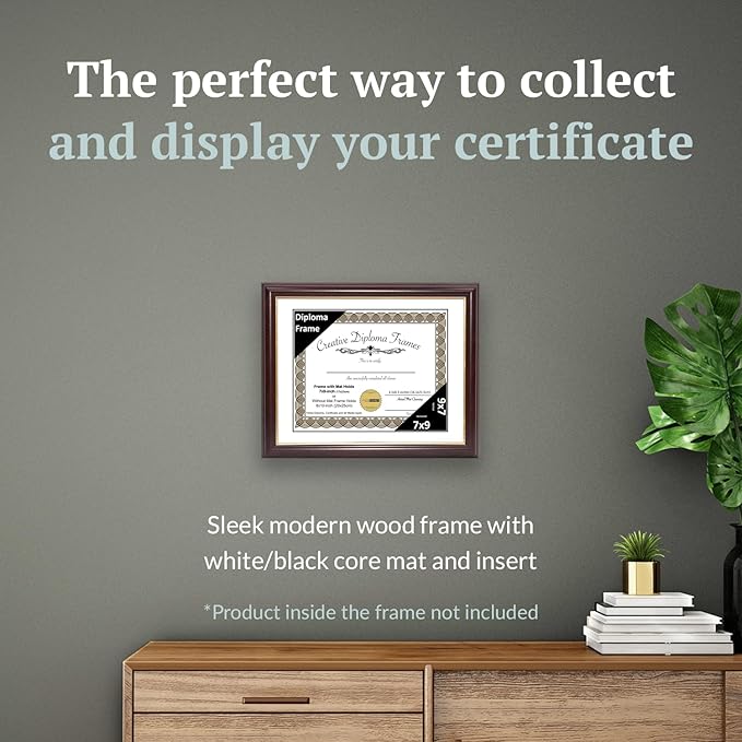 Creative Picture Frames 7x9 Mahogany Gold Rim Diploma Frame with White Mat Glass Easel and Installed Wall Hangers | Frame Holds 8x10 Media without Mat
