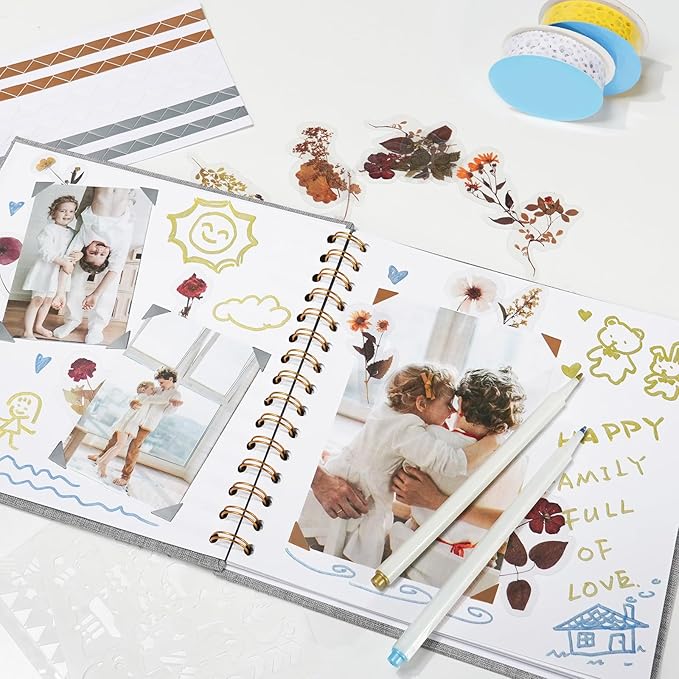Vienrose 8x8 Inch Scrapbook DIY Small Hardcover Kraft White Pages Scrapbook Photo Album Linen Cover Scrap Book Photo Albums Scrapbooking Supplies Kit for Couple Family Wedding Travel Yellow