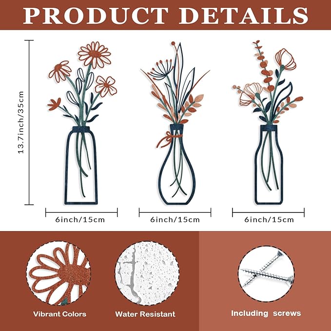 Pigort 3 Pieces Metal Flowers Wall Arts - Rustic Farmhouse Decor Minimalist Flower Wall Decors for Living Room Bathroom Bedroom Dining Room-Housewarming Gifts