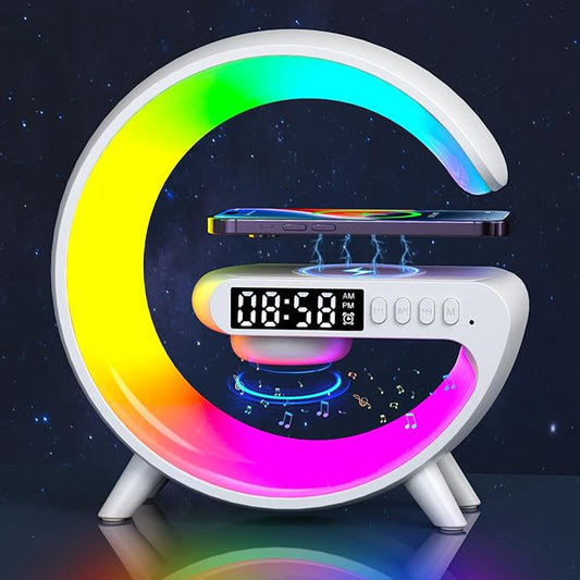 Smart LED Table Lamp, 4-in-1 Wireless Charger Smart Atmosphere Lamp, Night Light, Bluetooth Speaker & Alarm Clock for Bedroom, Office, and Home Decor(White)