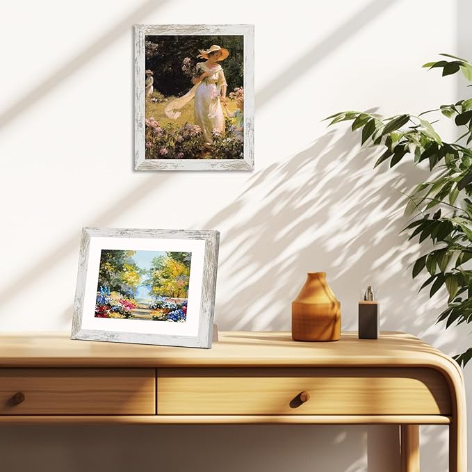 8x8 Picture Frame Set of 9, Photo Gallery Wall Frame Set, Display Pictures 4x4 with Mat or 8 x 8 Without Mat, Square Frame Picture Frames Collage Wall decor, Distressed White