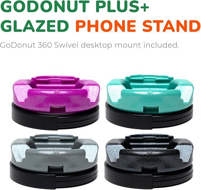 GoDonut Plus+ Glazed Phone Stand (Swivel Base) - Portable Mount Accessory - Charging Port Access - Compatible with Tablet, iPhone & Most Smartphones - Black