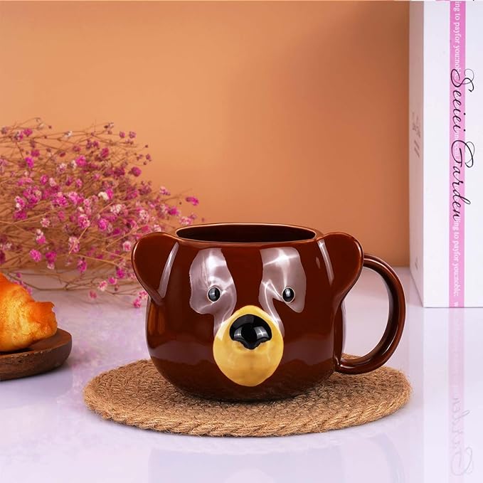 Bear Mug 14 oz Ceramic Coffee Mug 3D Porcelain Tea Cup for Women & Men - Kawaii Bear Gifts for Christmas, Housewarming, Birthday - Brown