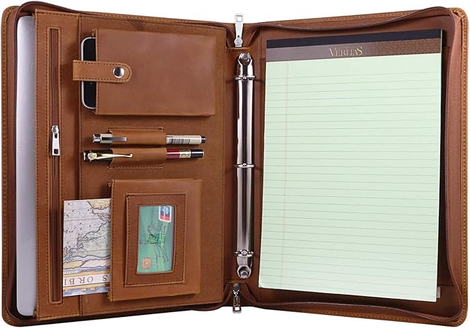 Professional Leather Business Padfolio Portfolio Case, 3 Ring Binder,Zippered Business Document Organizer Tablet Holder Folder Case,with Letter Size Notepad (Brown Upgraded Version)