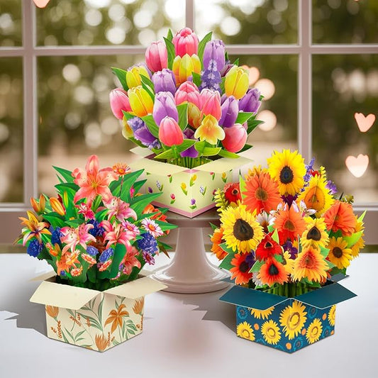 Magic Ants Flower Paper Pop Up Cards - Sunflower+Tulip+Lily- Mother's Day, Birthday, Thank You Greeting Card for Mom - 3D Popup Flower Bouquet Design - Includes Envelop