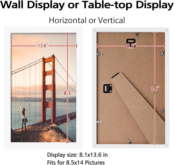 KINLINK 8.5x14 Picture Frame White, Solid Wood Frames with Acrylic Plexiglass, Tabletop and Wall Display Photo Frame, Set of 4