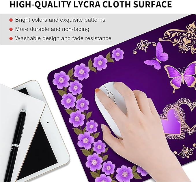 Square Mouse Pad Purple Butterfly, Personalized Premium-Textured Custom Mouse Mat Design, Washable Mousepad Cloth, Non-Slip Rubber Base Computer Mouse Pads for Wireless Mouse