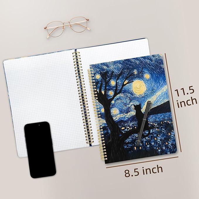 Cute Spiral Notebook journal A4 Aesthetic Pretty Design for Women Girls Kawaii with Pocket, 8.5 x 11 inch, Graph, Cat Galaxy