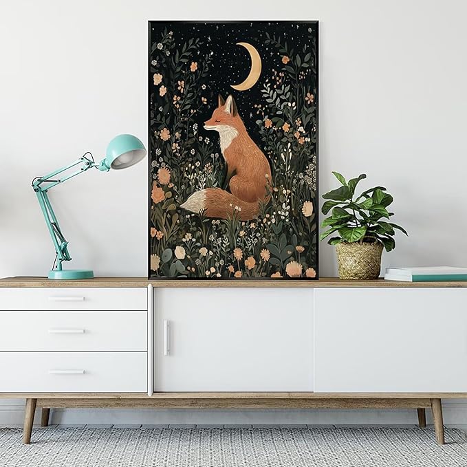 Fairytale Dreamy Fox Wall Art Vintage Moonlit Forest Floral Plant Night Canvas Poster Print Whimsical Nature Aesthetic Picture Decor for Nursery Living Room Bedroom Office 20x30inch Metal Black Framed
