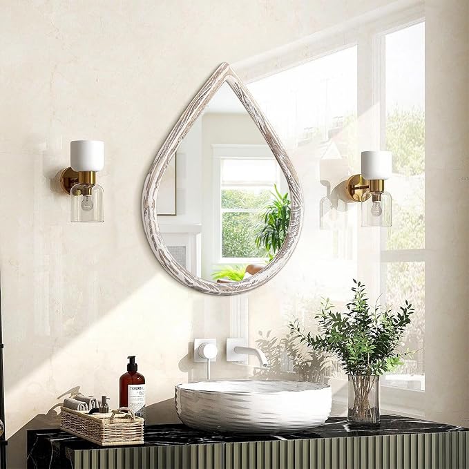 Small Decorative Teardrop Mirror - Rustic White Wood Frame - Farmhouse Hanging Mirror for Wall, Bathroom, Living Room, Entryway, Hallway