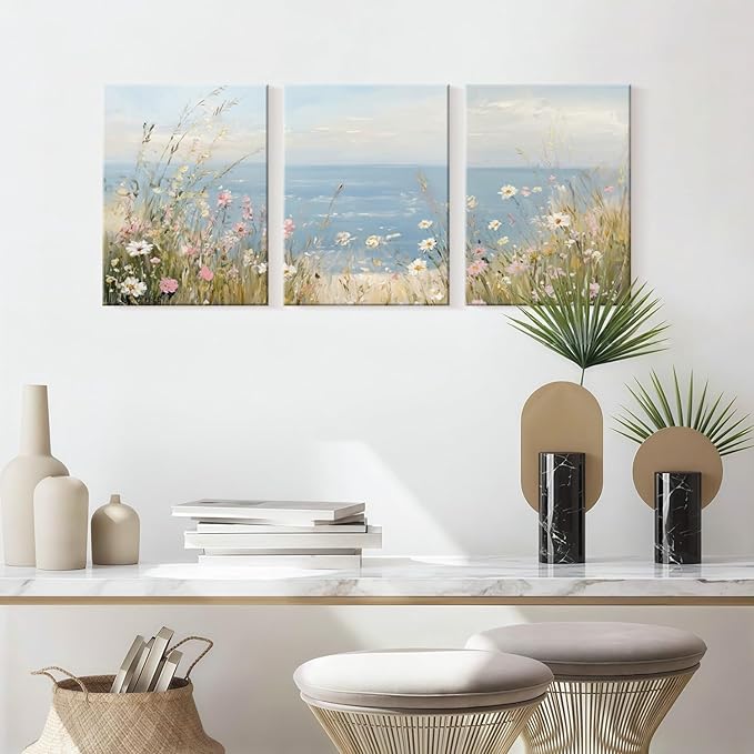 3 Pcs Framed Coastal Wildflower Wall Art Beach Floral Canvas Wall Decor Vintage Coastal Landscape Pictures Ocean Flower Poster Summer Floral Prints Seascape Painting for Living Room Bedroom 12x16 inch Ready to Hang