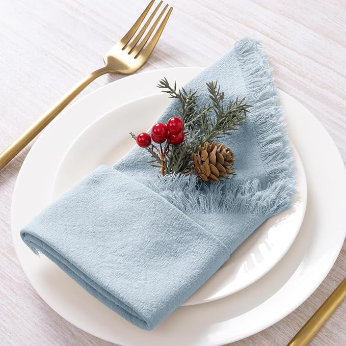 6 Pack Gray- Blue Cotton Linen Napkins with Fringe Spring Cloth Napkins Set of 6 Boho Handmade Dinner Napkins Bulk for Wedding Bridal Baby Shower Valentine's Day, 17 x 17 Inches