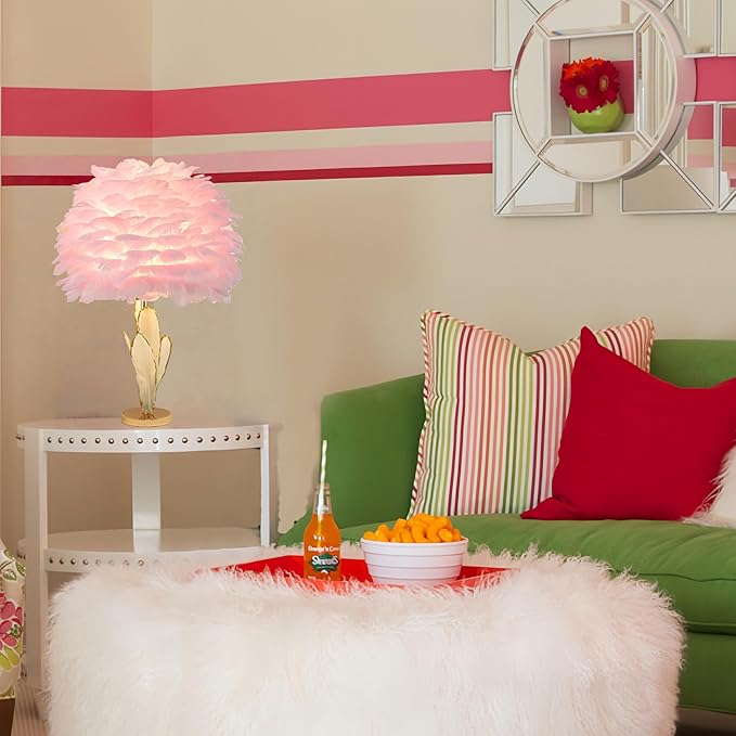 Pink Feather Lamp Goose Furry Table Lamp Princess Modern Fluffy Pink Desk Lamp Romantic Bedside Nightstand Light for Girl Bedroom Wedding Decor Living Room Entryway Christmas Gift