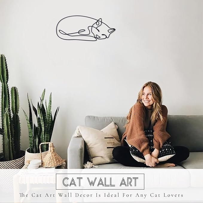 TYLCC Black Metal Cat Wall Decor Minimalist Abstract Cat Wall Art Line Drawing Art for Living Room Bedroom Decorations (Sleeping)