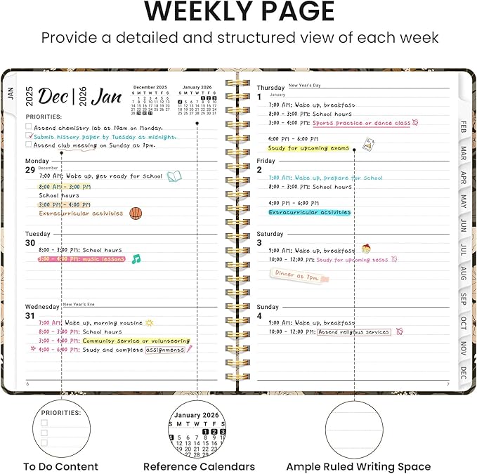 2026 Planner, Weekly and Monthly Calendar Planner for Women, Jan 2026 - Dec 2026, Hardcover Planning Agenda book with Tabs, Spiral Bound, Inner Pocket, Perfect for School Office Supplies, 6.3" x 8.5" - Wild Rose