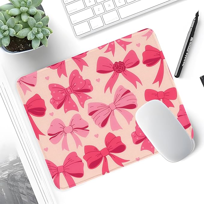 Seorsok Square Aesthetic Oversized Bows Mouse Mat, Premium Textured Mouse Pads for Office Laptop,Washable Square Mousepads with Extended Stitched Edges Non Slip Rubber Base,Rose Red Bows