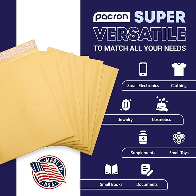 Kraft Bubble Mailers 500 Pack, 5 x 10 Inch Padded Shipping Envelopes, Yellow Mailing Envelopes for Documents & Packages, Durable & Lightweight, Made in USA
