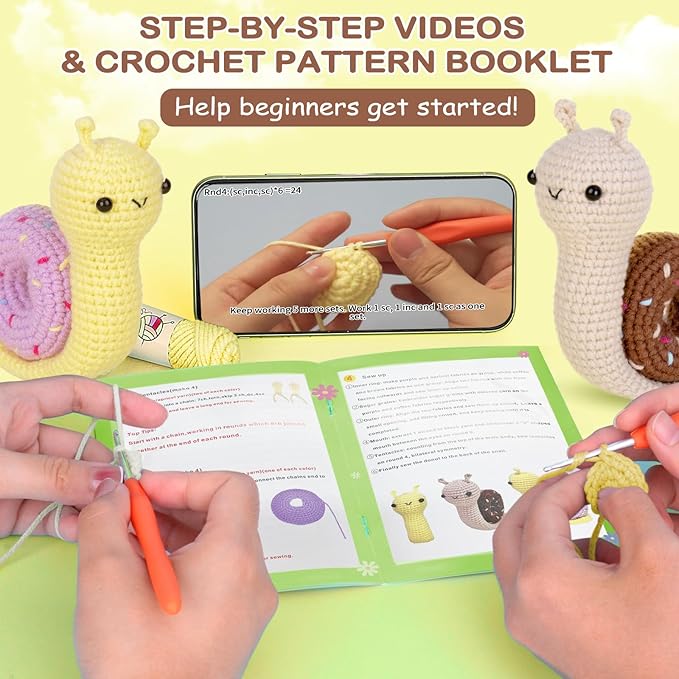 Crochetta Crochet Kit for Beginner, Crochet Starter Kit w Step-by-Step Video Tutorials, Learn to Crochet Kits for Adults, DIY Knitting Supplies, 2-Pack Snail Couple (40%+ Yarn Content)