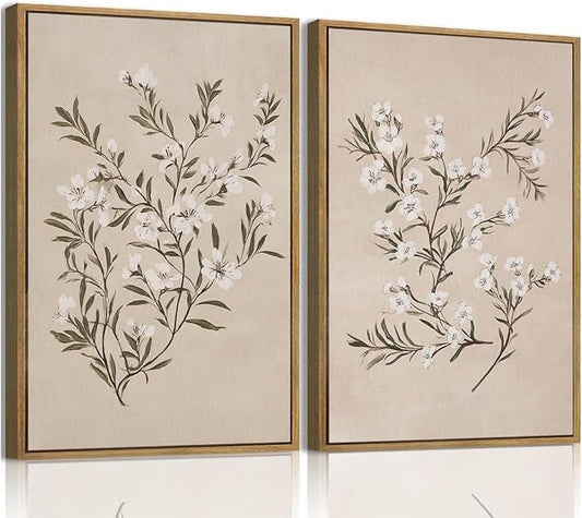 YOYIAXT 2 Pieces Vintage Botanical Canvas Wall Art For Bedroom Minimalist Floral Framed Wall Art Antique Neutral Flower Art Print Artwork For Office Living room, 16x24 in