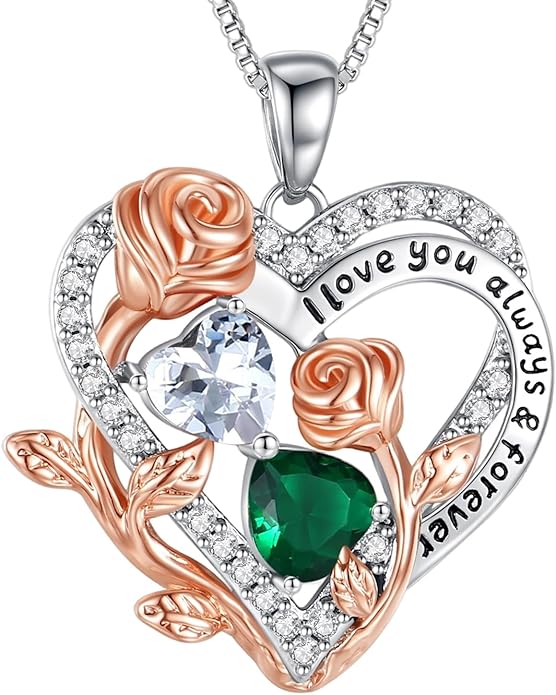 I Love You Birthstone Necklace, 925 Sterling Silver Heart Pendant with CZ Diamond Stones, Birthday Gifts for Women, Romantic Gift for Wife, Girlfriend, Her, Anniversary, Valentine's Day, Christmas