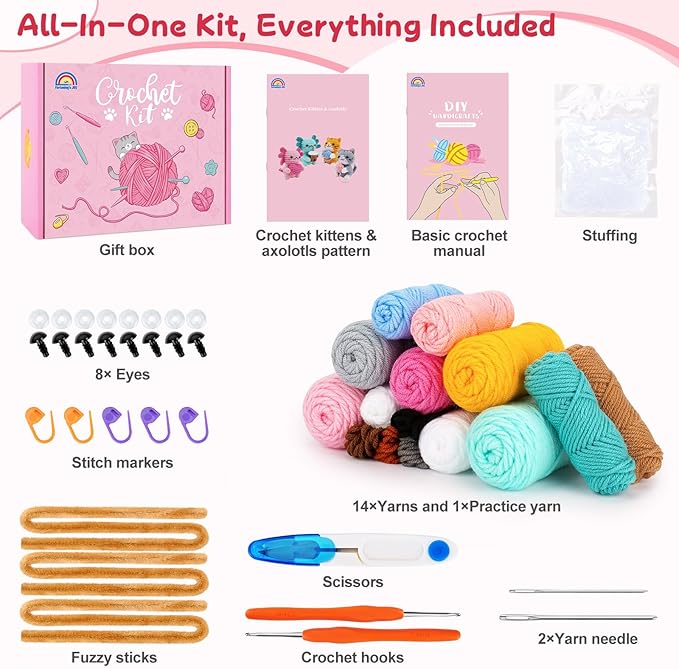 Fortuning's JDS Crochet Kit for Beginners, Axolotls & Cat Crochet Kit for Adults Beginner, Complete Crochet Animals Starter Kit with Step-by-Step Video Tutorials, Easy Knitting Kit Cat Crafts Gifts