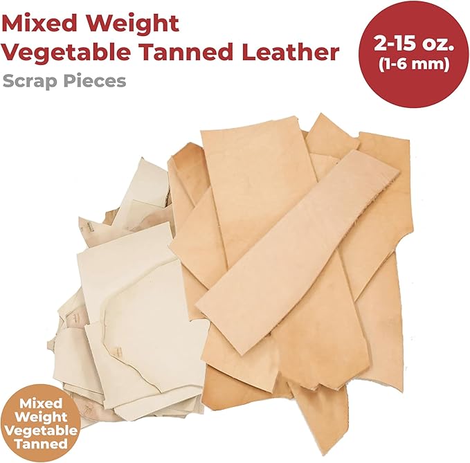 ELW Vegetable Tanned Leather Scraps | 2-10 oz Heavy Duty Weight | Size: 6 LB | Genuine Cowhide Full Grain Leather Remnants for Crafting, Leatherworking, Tooling | Color: Veg Tanned - Mixed Weight