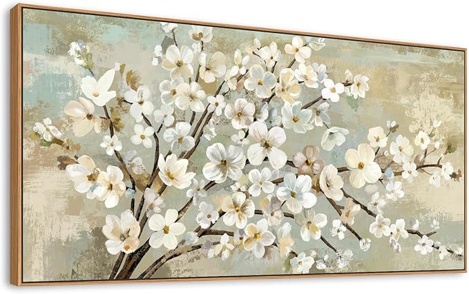arteWOODS Flowers Framed Wall Art - Beige Flower Branches Canvas Pictures Wall Decor Rustic Brown Botanical Painting Artwork Elegant Floral Prints for Living Room Bedroom 58 x 29in Natural Wood Frame