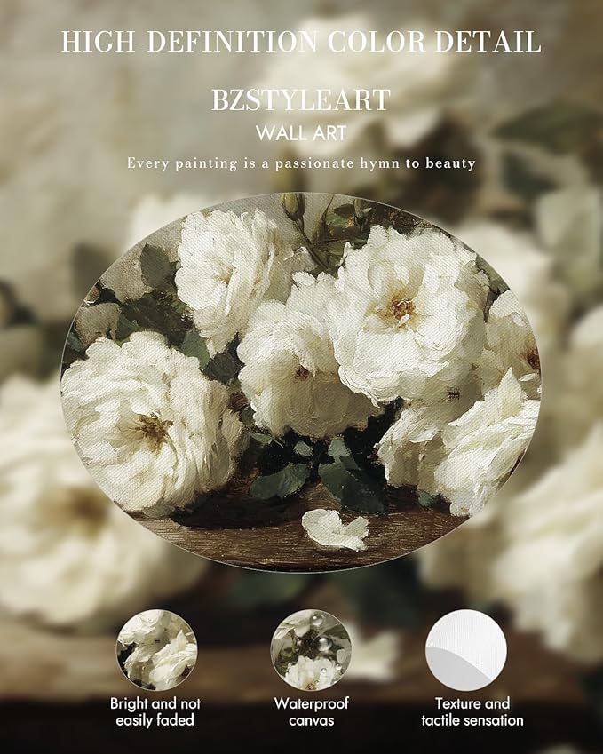Bzstyleart Vintage Wall Art Decor for Living Room,Gold Framed Prints Flowers Wall Art Home Decor Aesthetic,White Rosebush Vintage Botanical Flower Prints,Canvas Picture Print Artwork for Christmas Gift,12 x 16 Inch