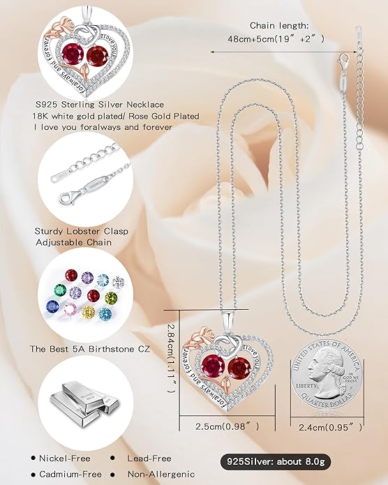 Women's Birthstone Necklace, Holiday Gift for Girlfriend, 925 Sterling Silver Heart Rose Necklace, Anniversary Birthday Gift for Wife, Daughter