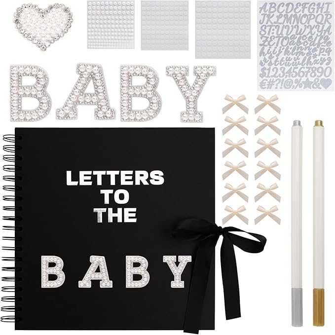 BINBE 10 x 10 Inch Letters to The Baby Scrapbook DIY Blank Paper Album Memory Book for Kids Sign with Pearl Scrapbook Photo Stickers, Metallic Letters, Bows Black