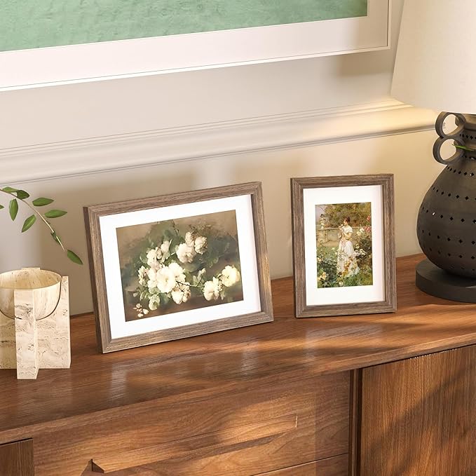 KINLINK A5 Picture Frame, Brown Wood Solid Wood Frames with Acrylic Plexiglass for Pictures 4x6 with Mat or A5 without Mat, Tabletop and Wall Mounting Display 4 Pack