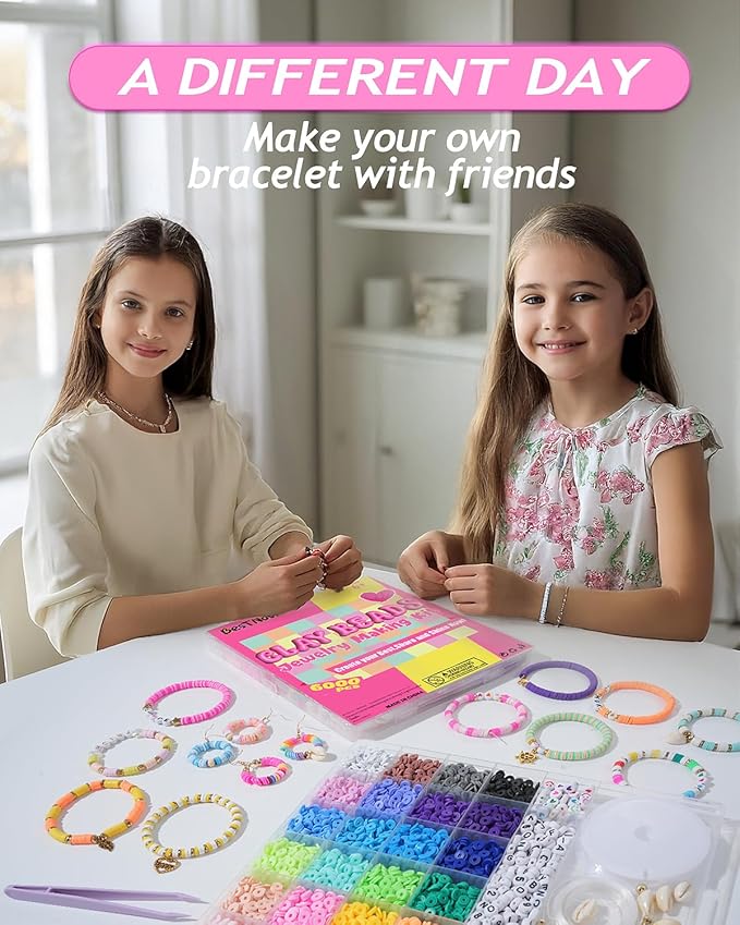 BestNow Clay Beads Bracelet Making Kit 6000 Pcs Flat Preppy Beads for Friendship Jewelry Making Polymer Heishi Beads with Charms Gifts for Teen Girls Crafts for Girls Ages 8-12