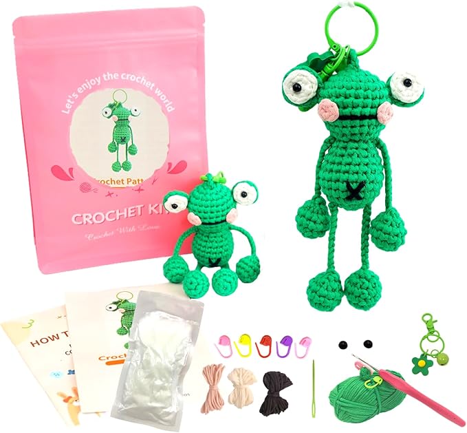 minimal beee Beginner Crochet Kit for Frog Keychain- Complete DIY Animal Craft Set with Easy Peasy Yarn and Step-by-Step Video Tutorial.Gift Hobby for Adults