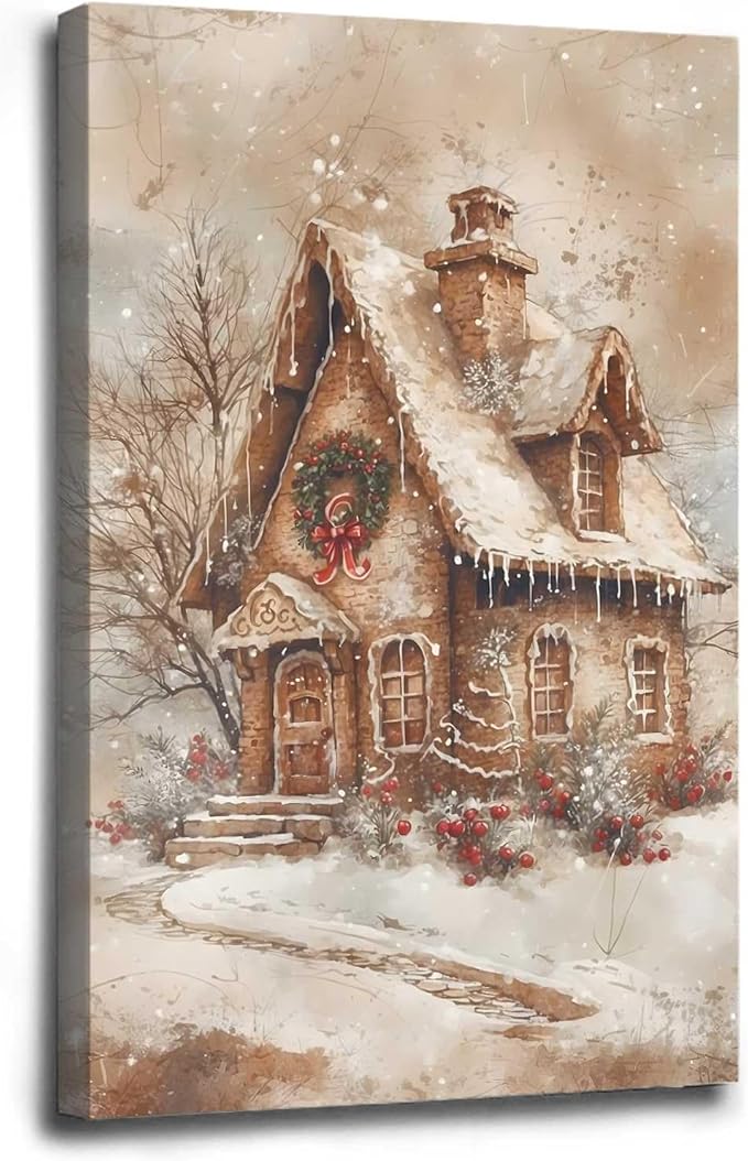 Framed Canvas Wall Art Home decor Winter Gingerbread House Traditional Christmas Print Festive Artwork Wall Decor canvas print poster 12x18in Wood Framed
