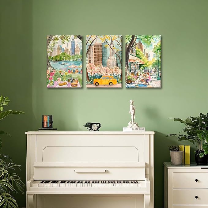 XLARTMY New York City Poster Travel Wall Art Canvas Framed Watercolor NYC Central Park Landmarks Artwork Decor Painting Prints Pictures Set of 3 for Bedroom Living Room Bathroom Office 16x24in
