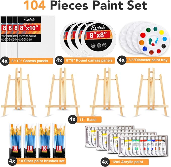 ESRICH Acrylic Paint Canvas Set,104 Piece Professional Painting Supplies Kit with 4 Wood Easel,4 * 12Colors,4 * 10 Paint Brushes,Canvas Etc,Premium Paint Kit for Kids Students Artists Beginner