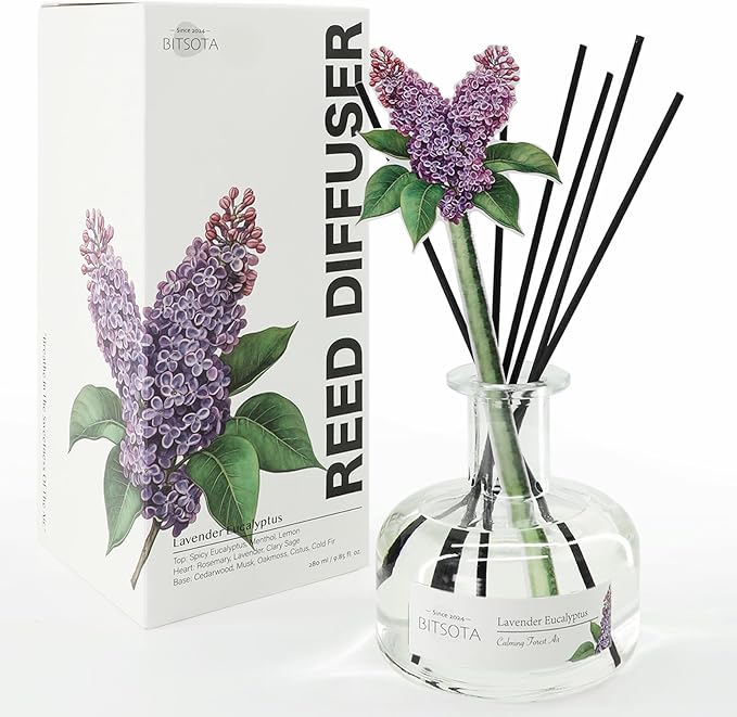 Reed Diffuser Set, Aroma Scented Diffuser with Sticks Home Fragrance Reed Diffuser for Bathroom Shelf Decor, Ideal Gift for Woman (9.85oz (280ml), Lavender Eucalyptus)