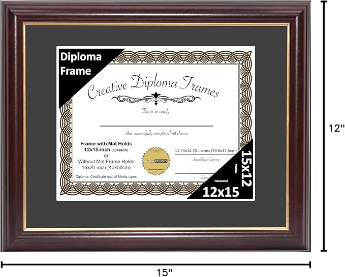 Creative Picture Frames 12x15 Mahogany Gold Rim Diploma Frame with Black Mat Glass and Installed Wall Hangers | Frame Holds 16x20 Media without Mat