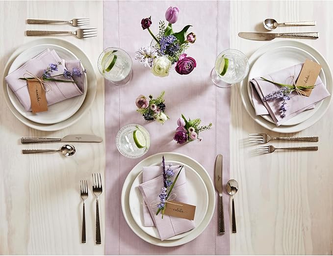 Solino Home Linen Lilac Table Runner 156 Inches Long - 100% Pure Linen Extra Long Table Runner 14 x 156 Inch for Valentines, Spring, Easter - Classic Hemstitch