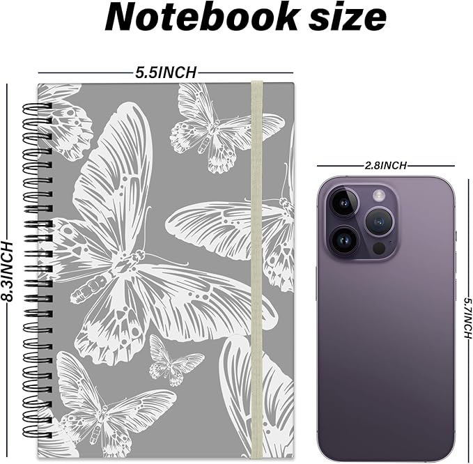 Spiral Notebook,Hardcover Journal Wide Ruled Spiral Notebook,A5 5.5 x 8.3 Inch,80GSM Thick Paper 60 Sheets 120 Pages for Girls Women School Office Aesthetic Cute-Gray White Butterfly