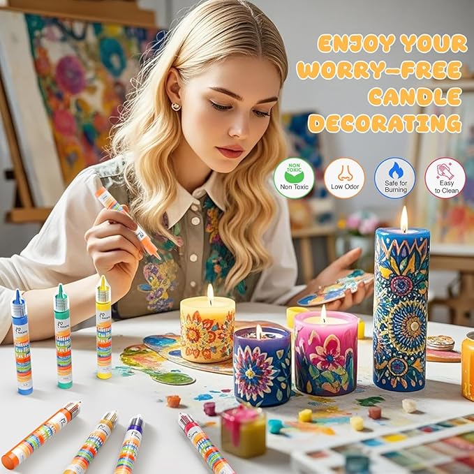 Honcaring Candle Wax Pen, Easy to Use Glitter Painting Pen, 7 Glitter Colors Set for Candle Blessing Writing, Decorating & More DIY Crafts(15ml/0.5oz*7)