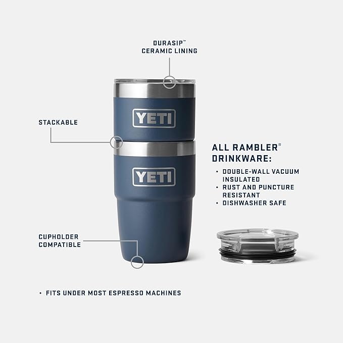 YETI Rambler 8 oz Insulated Coffee Mug with Lid - Stackable Double-Wall Vacuum Insulated Coffee Cup - DuraSip Ceramic Lining - Barista-Friendly Design - Stainless Steel - Dishwasher Safe