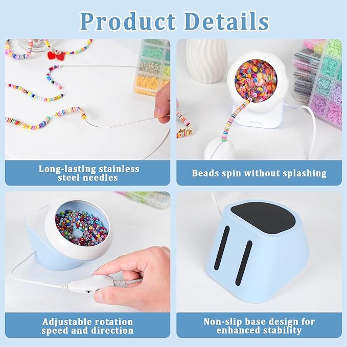 Clay Bead Spinner, Electric Bead Spinner for Jewelry Making, Bracelet Spinner and Necklace Making Machine with Bead Needles and Thread, Seed Bead Spinner, Clay Bead Bracelet Spinner (Blue), (No Beads)