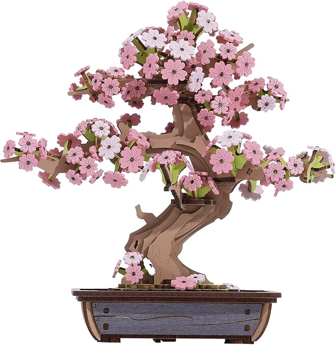 Rolife 3D Wooden Puzzle Flower for Adults, DIY Sakura Bonsai Tree Plants for Home Table Decor, Creative Cherry Blossom Crafts Birthday Model Building Kits Toys