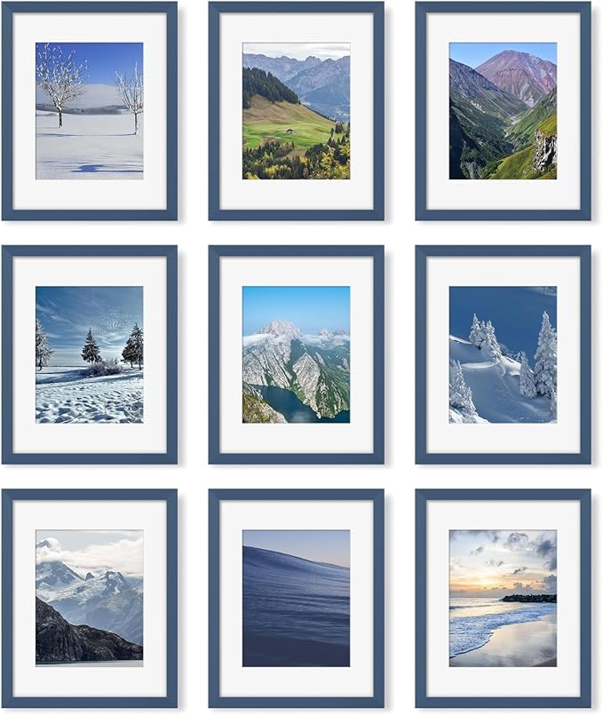 11x14 Picture Frame Set of 9 Photo Gallery Wall Frame Set Display Pictures 8x10 with Mat or 11 x 14 Without Multi Photo Frames for Wall Mounting or Table Top Display, Blue