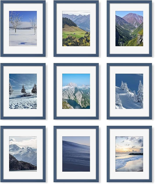 11x14 Picture Frame Set of 9 Photo Gallery Wall Frame Set Display Pictures 8x10 with Mat or 11 x 14 Without Multi Photo Frames for Wall Mounting or Table Top Display, Blue